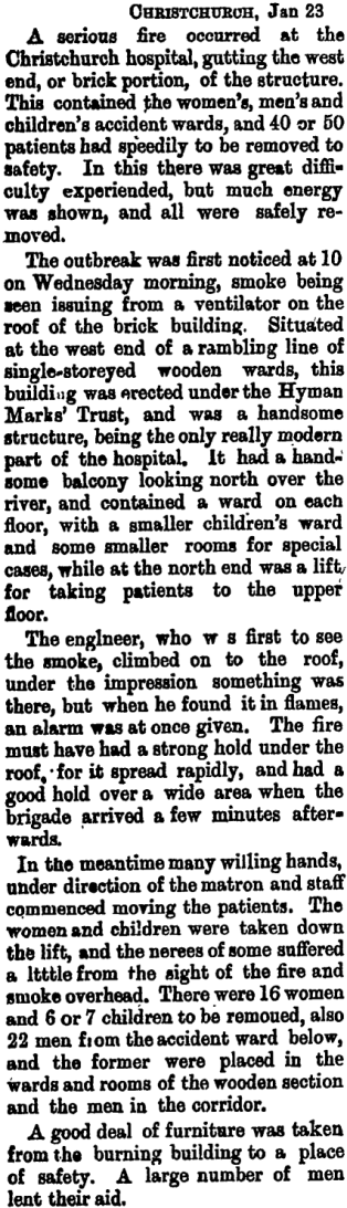 Fire in Christchurch Hospital, West Coast Times  Source: Past Papers, Putanga 14317, 24 Kohitātea 1908, Page 3