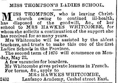 Mr Hawkes Whitcombe, teacher of French at the Lanfanco Academy, Cashel street East.