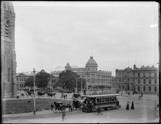 A Double-Decker and Hansom Cabs in Cathedral Square in 1905