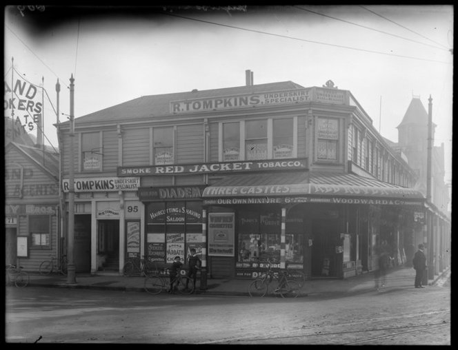 Steffano Webb Heywood's Corner, taken before its demolition in 1911. Collection, Alexander Turnbull Library. Ref. No. 1/1-008941-G.